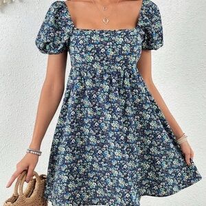 Blue Puff Sleeve A-Line Sundress
